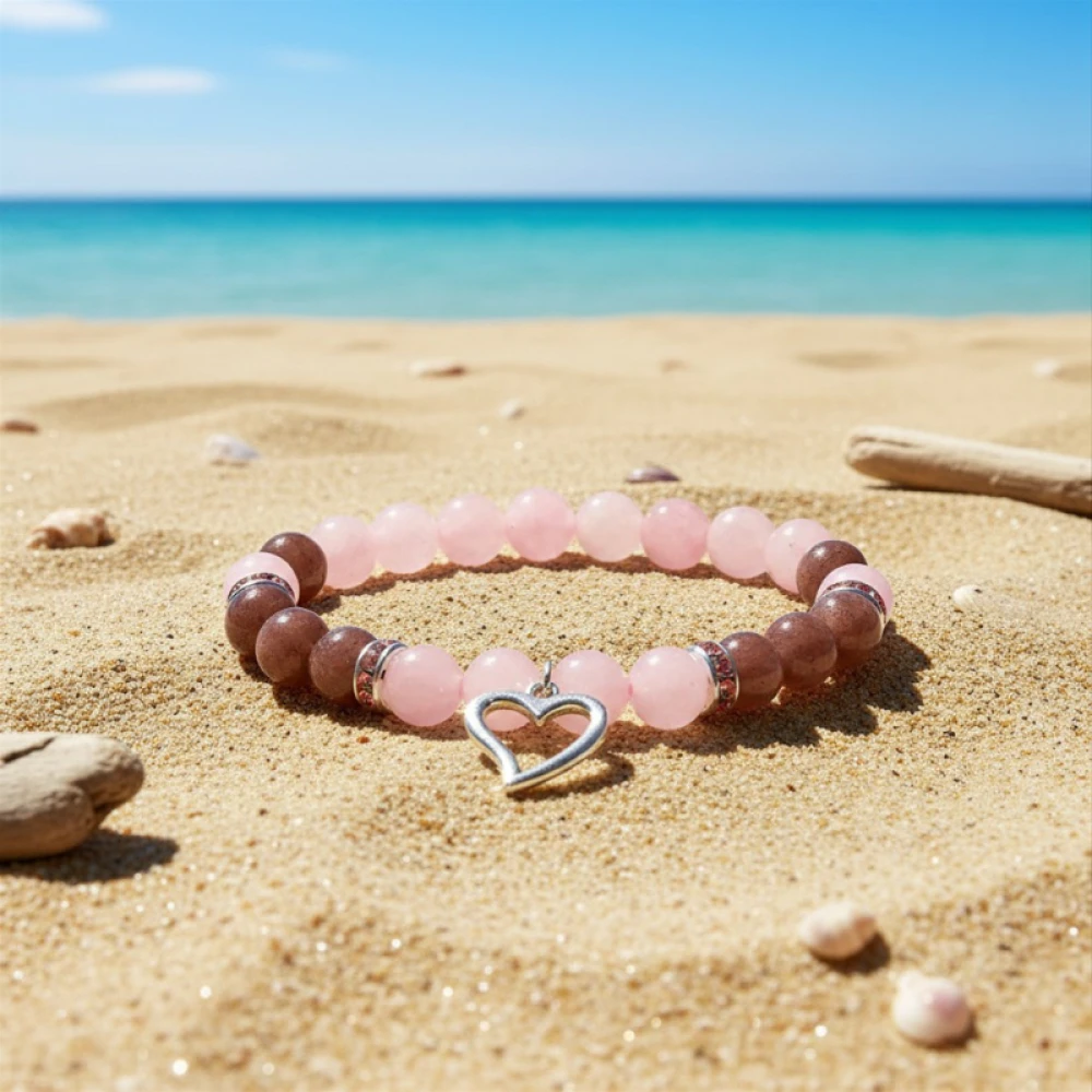 Bracelet Quartz rose / Quartz fraise avec coeur